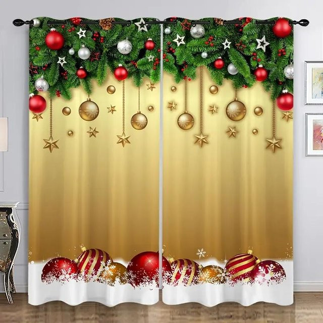 Weihnachtsdekoration Vorhänge mit Schneeflocken, Weihnachtsbaum und Elch-Print in Gold, 2er-Set mit Ösen, Breite: 50 cm, Höhe: 130 cm - Bild 1
