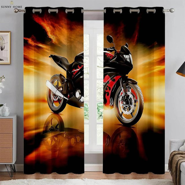 Motorrad 3D-Druck Fensterdekoration, 2er-Set halbtransparente Vorhänge aus Polyester in Multicolour, Breite: 100 cm, Höhe: 220 cm - Bild 1