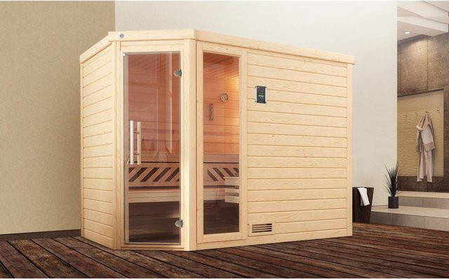 Weka Massivholzsauna Turku aus Fichte mit BioS Glastür und Fenster, Farbe Braun, B/T/H: 248 x 198 x 205 cm, inklusive 7,5 kW Heizung und 3 Sparset - Bild 1