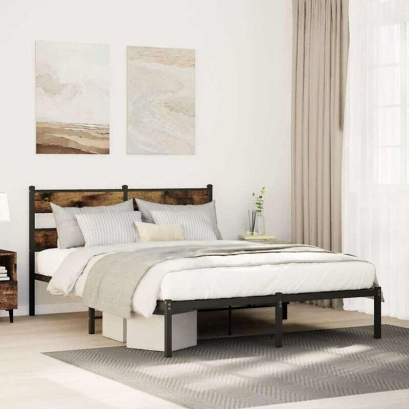 Metallbett vidaxl im Industrial Design aus Metall und Holzwerkstoff in Räuchereiche und Schwarz, B/T/H: 140 x 190 x 91,5 cm - Bild 1