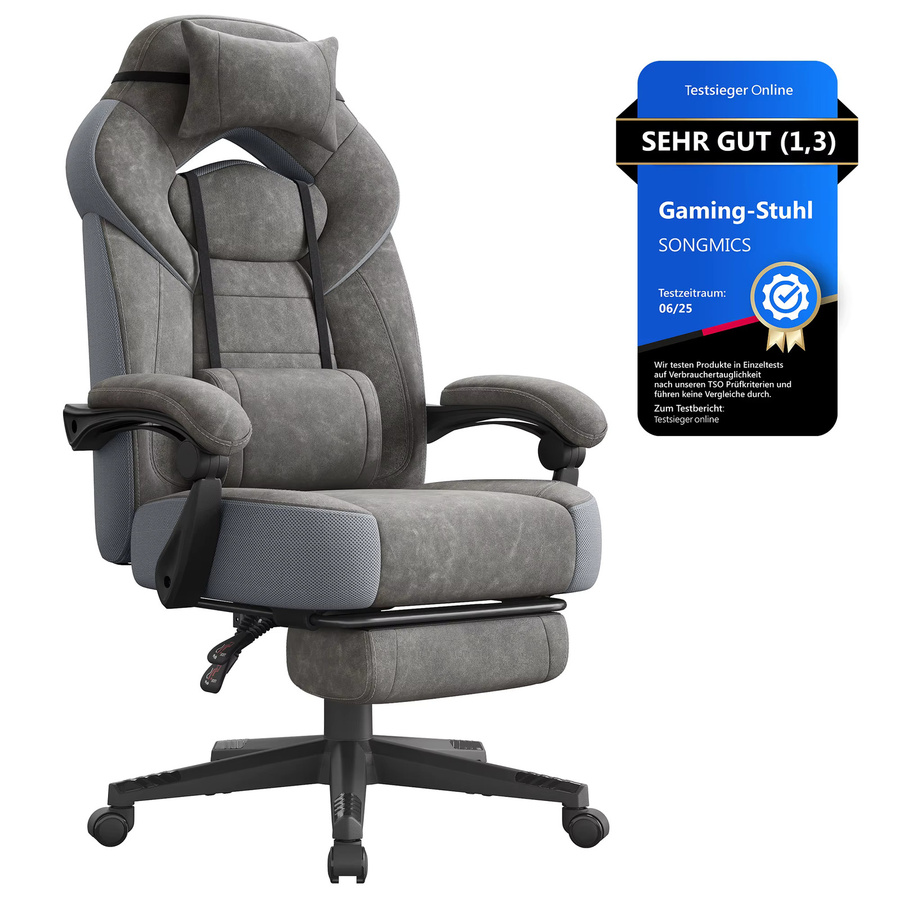 Ergonomischer SONGMICS Gaming-Stuhl in Grau mit Fußstütze, Kopfstütze und Armlehnen - Bild 4