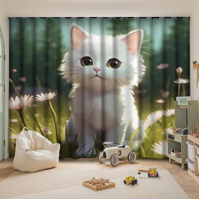 Verdunkelungsvorhänge mit Katzen-Motiv von Yiran Furniture für Kinderzimmer, mehrfarbig, B: 55 cm, H: 185 cm - Bild 1