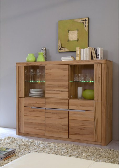 Solido Highboard aus massiver Kernbuche, geölt, Braun, mit Glastüren und integrierter Beleuchtung - Bild 1