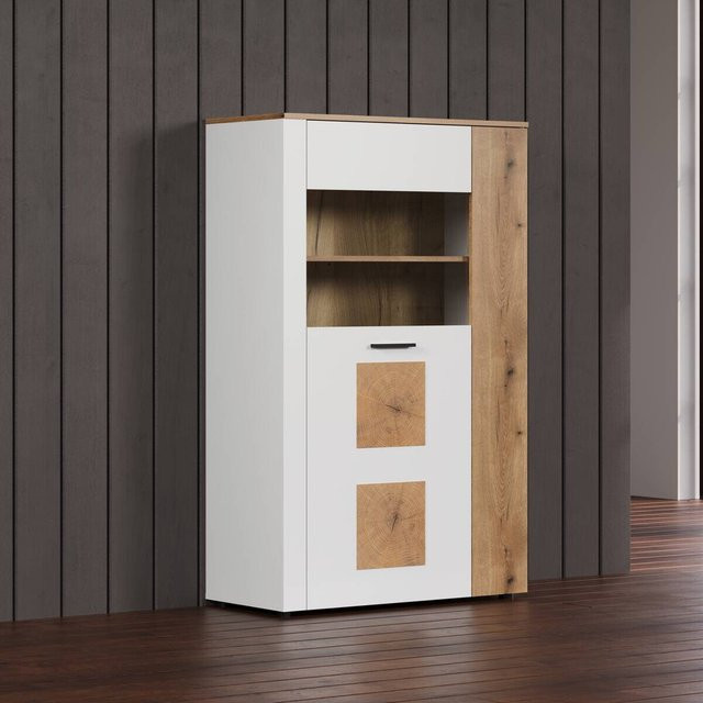 Vitrine Vitoria von Evoke Coast in Weiß und Eiche Nachbildung mit Glastüren, B/H/T: 90 x 146 x 42 cm - Bild 1