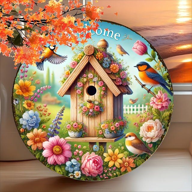 Rundes Willkommensschild aus Holz von Potdemiel mit Vogel und Blumen im Vintage-Stil, Multicolor, Durchmesser: 20,32 cm - Bild 1