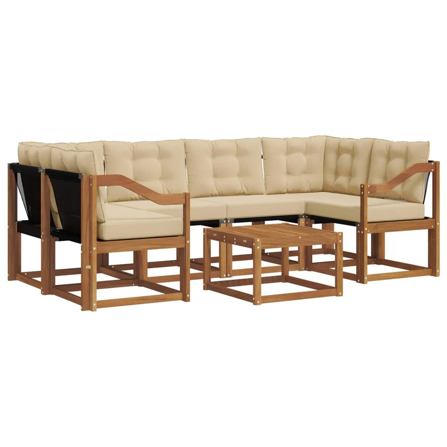vidaXL Outdoor-Sofagarnitur 7-teilig aus Akazienholz und Textilene in Natur-Beige mit Kissen und Armlehnen - Bild 2
