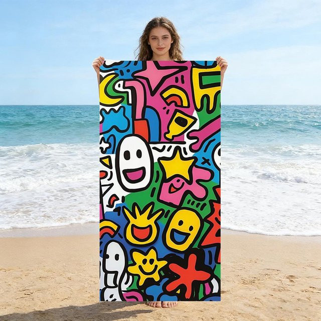 JMG Household Supplies Kinder Strandtuch mit Cartoon Graffiti Design, super saugfähig, Mehrfarbig, B: 80 cm, L: 160 cm - Bild 1