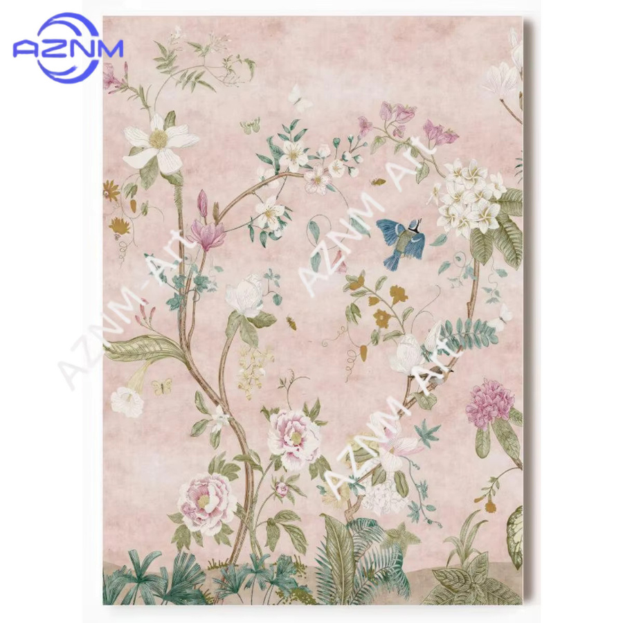 2-teiliges Set AZNM Chinoiserie Wandteppich mit Vogel- und Blumendruck in Rosa, Japanischer Vintage Wandbehang mit floralem und orientalischem Design - Bild 3
