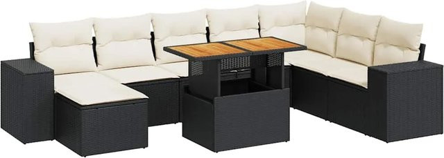 vidaXL 9-teilige Garten-Sofagarnitur aus Poly-Rattan und Akazienholz in Schwarz-Creme mit Kissen - Bild 1