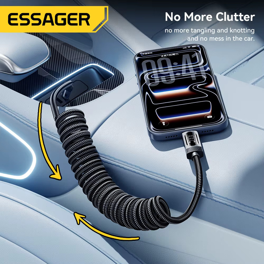 Essager Typ-C-zu-Typ-C-Schnellladekabel mit LED-Display, PD 100W, spiralförmiges Datenkabel für Xiaomi und Samsung, Schwarz oder Grau - Bild 5