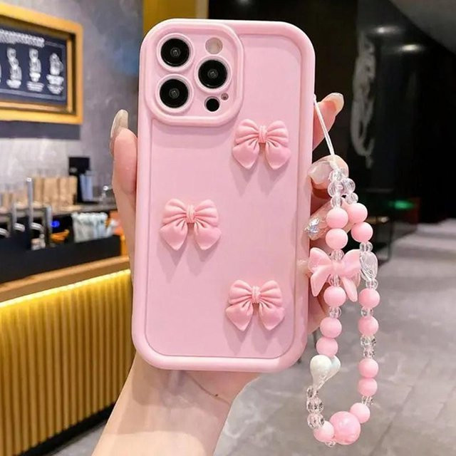 Niedrige 3D Schleife Silikon Handyhülle für Apple iPhone mit Lanyard Hängeseil in Pink - Bild 1