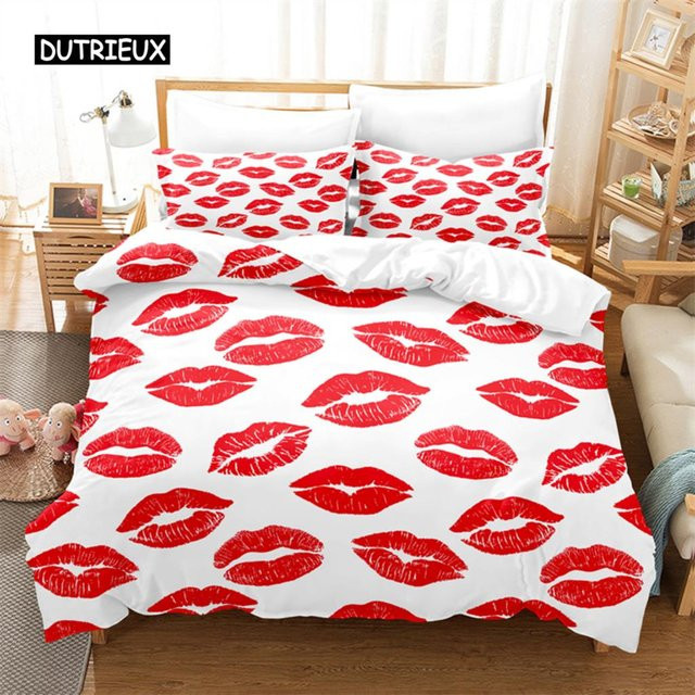 Bettwäsche-Set mit Rote Lippen Design von Binchi Outdoor Product in Rot und Weiß, 3D Digitaldruck aus Mikrofaser, B/H: 260 x 220 cm - Bild 1