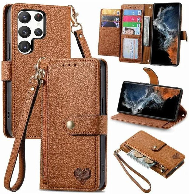 Lederhülle mit Reißverschluss und Lanyard für Samsung Galaxy S24 S23 S22 S21 S20 Ultra und weitere Modelle, Farbe: Braun - Bild 1