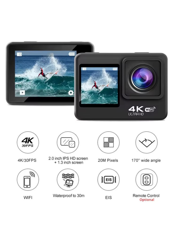 Regaton Actionkamera mit 4K 30FPS, 24MP, Doppelbildschirm, WLAN und 170 Grad Weitwinkel, wasserdicht bis 30m, Schwarz - Bild 6