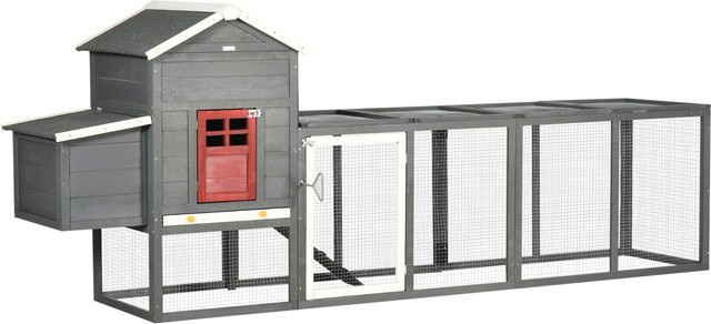 PawHut Großes Hühnerhaus aus Holz in Grau mit Nistkasten, Auslauf, Bitumendach und Rampe für 3-6 Hühner oder Kaninchen, B/T/H: 300 x 66 x 116 cm - Bild 1