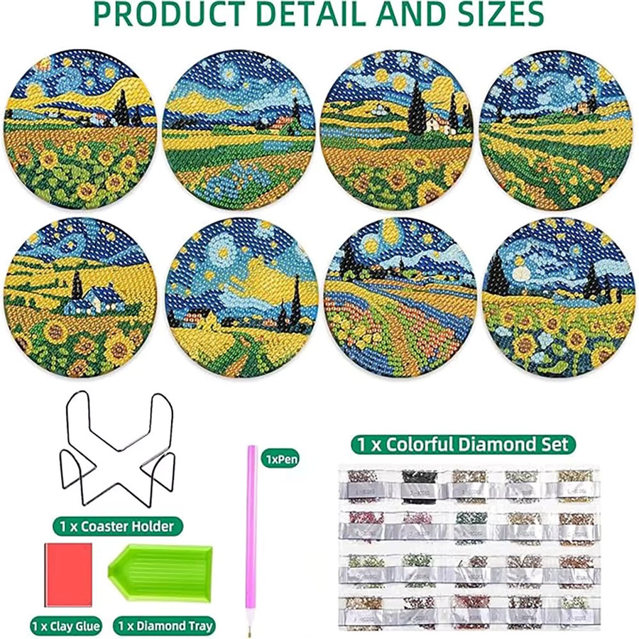 8-teiliges DIY-Diamantkunst Set mit Acryl-Untersetzern in Multicolor und Landschaftsmuster inklusive Halterung - Bild 4