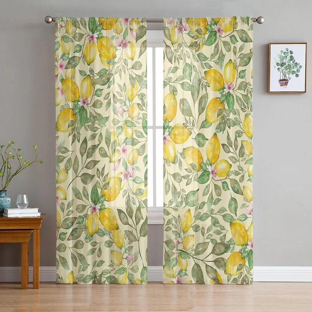 Yiran Furniture Transparenter Vorhang mit Aquarell-Zitronen und rosa Blumen aus Tüll und Organza, B: 135 cm, H: 185 cm - Bild 1