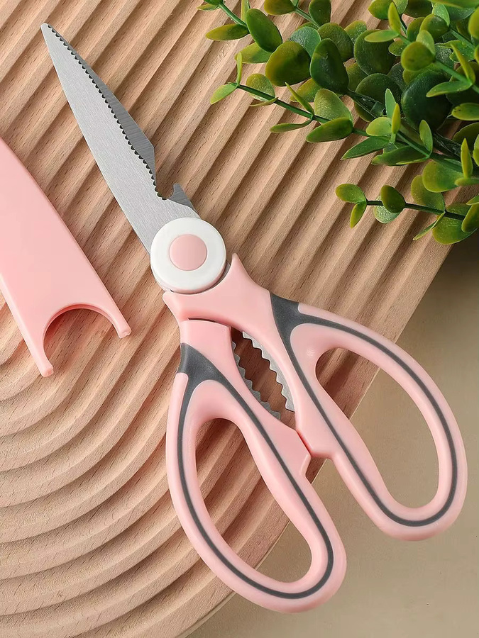 SHENJIU Küchenschere aus Edelstahl in Pink mit Deckel zum Schneiden von Geflügel, Fisch, Gemüse und zum Knacken von Walnüssen - Bild 2