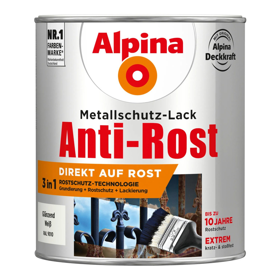 Alpina Metallschutz-Lack Anti-Rost Weiß glänzend 750 ml - Bild 1