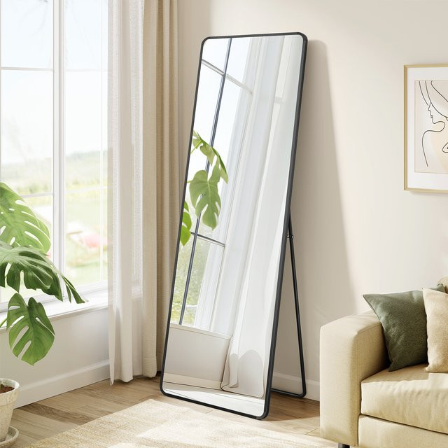 SONGMICS Ganzkörperspiegel in Schwarz, rechteckiger Standspiegel aus Aluminiumlegierung und Hartglas, B: 40 cm, H: 150 cm - Bild 1