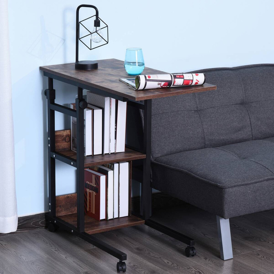 HOMCOM Beistelltisch mit Rollen und 2 Regalen, höhenverstellbar, Schwarz oder Braun, Metall, B: 80 cm, T: 40 cm, H: 72-82 cm - Bild 4