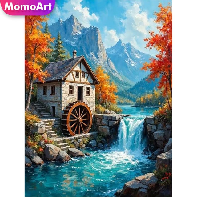 Momoart Diamant-Mosaik DIY Kreuzstich-Stickerei Haus-Landschaft mit Fluss, Rundes Diamant-Gemälde in Multicolour, B/H: 20 x 30 cm - Bild 1