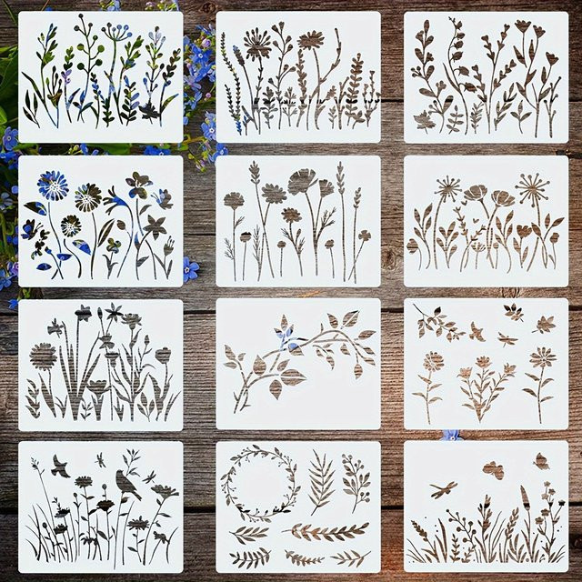 TIAMECH 12er Set Schablonen mit Frühlingsblumen und Pflanzen für DIY Malerei und Scrapbooking, Maße: 12 x 15 cm - Bild 1