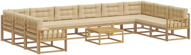 vidaXL Outdoor-Sofagarnitur in L-Form aus massivem Akazienholz mit 11 Kissen in Weiß und Beige - Bild 1
