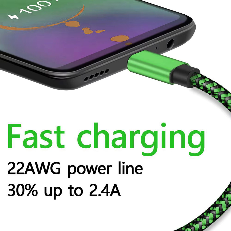 USB Typ C Kabel für Samsung Android Handys, Nylon geflochtenes Schnellladekabel mit Daten-Sync, 2,4 A, Weiß und Grün - Bild 4