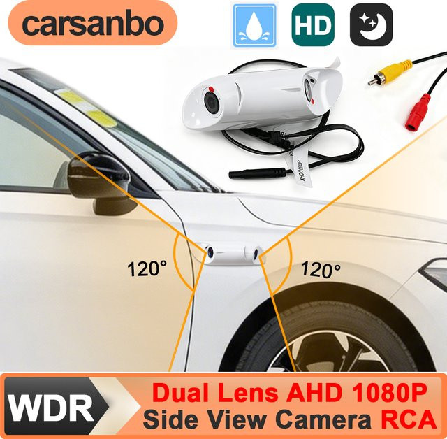 Carsanbo Auto-Seitenansicht-Doppellinsenkamera mit 1080P Full HD AHD, WDR und RCA-Anschluss, wasserdichte Fahrzeug-Totwinkelkamera mit 1,1mm Flachkabel in Weiß - Bild 1