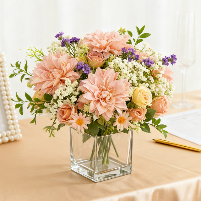 Künstliche Blumen-Set aus Seide mit Rosen, Dahlien und Hortensien in Multicolour für Hochzeiten und Tischdekoration - Bild 1