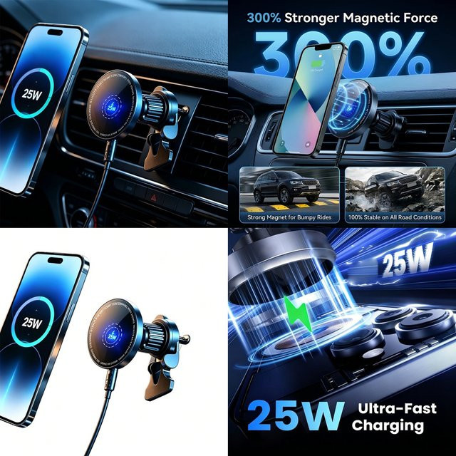 UYUXIO Magnetisches 25W Kabelloses Auto-Ladegerät in Schwarz für iPhone 17 16 15 14 13 12 Pro Max Plus als Auto-Lüftungshalterung - Bild 1