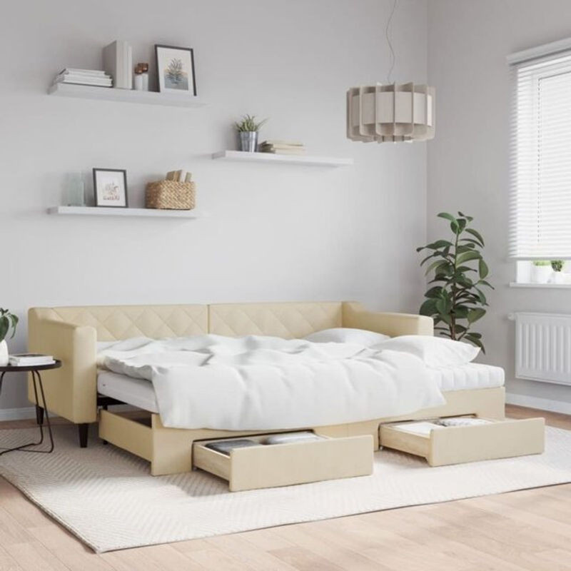 Ausziehbares Funktionsbett mit Schubladen von vidaxl in Beige aus Stoff und Holz, B/T: 200 x 80 cm - Bild 1