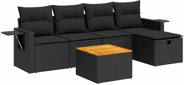 vidaXL 6-teilige Garten-Sofagarnitur aus Poly-Rattan und Akazienholz in Schwarz mit Kissen - Bild 1