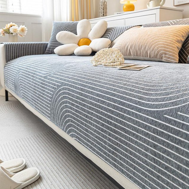Cremefarbener Sofabezug aus Chenille mit rutschfestem Linienmuster, quadratisches Kissen für dein Wohnzimmer, B/B: 70 x 70 cm - Bild 1