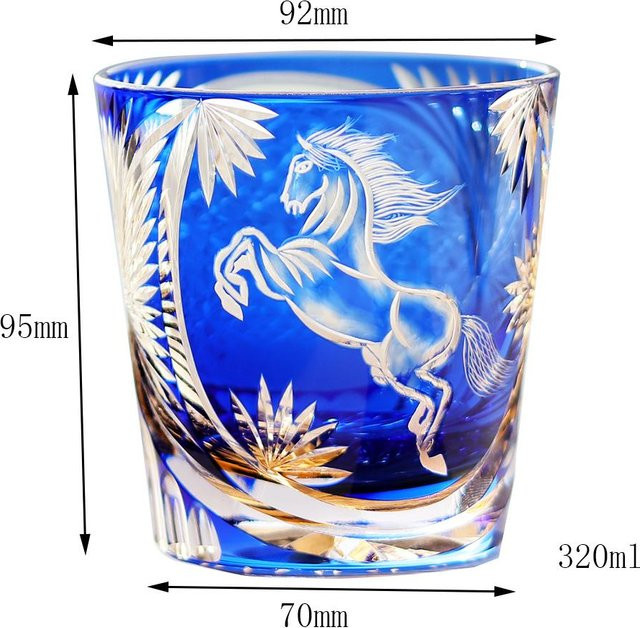 Handgefertigtes Edo Kiriko Stil Whiskeyglas Tumbler mit Pferdemotiv in Blau, 320 ml - Bild 1