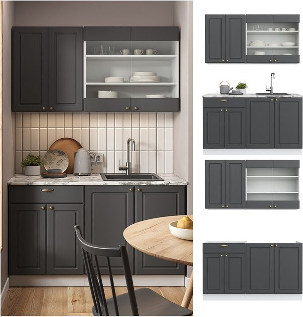 Vicco Küchenzeile Fame-Line Single in Landhausstil, Weiß/Anthrazit/Gold, Breite: 140 cm - Bild 1