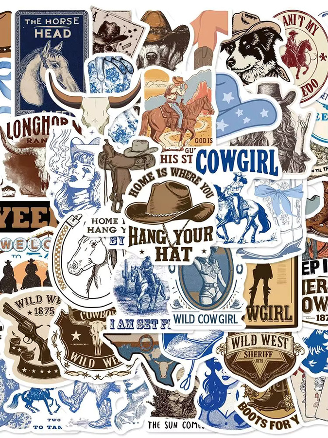 50 Stück wasserfeste Western-Cowboy Aufkleber von PickJoy in Blau für Laptop, Skateboard und Wasserflaschen - Bild 5