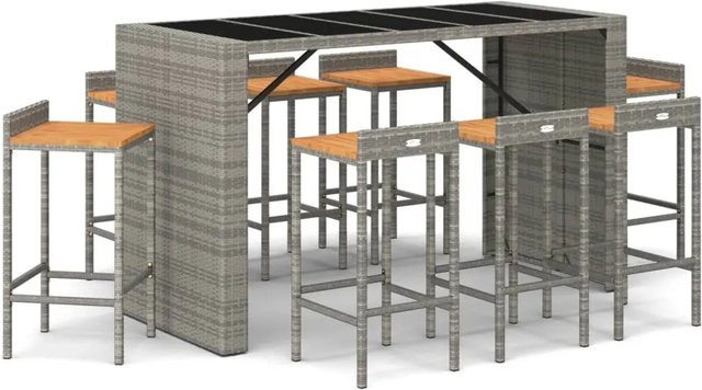vidaXL 9-tlg Gartenbar-Set Grau aus Poly Rattan und Akazienholz mit Hartglas-Tischplatte - Bild 1