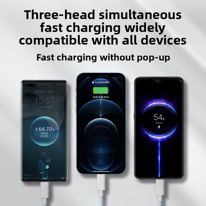 Tragbares 3-in-1 Multifunktions-Autoladekabel in Blau mit Schnellladefunktion und geflochtenem Design, Länge: 1,2 m, kompatibel mit Apple, Android und Typ-C - Bild 4