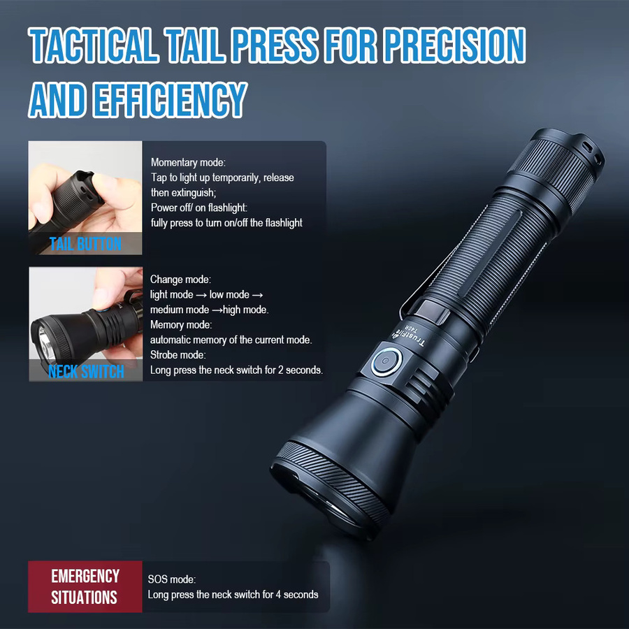Trustfire T40R Taktische LED-Taschenlampe in Schwarz mit 1800 Lumen, USB-Aufladung und IP68-Schutz - Bild 4