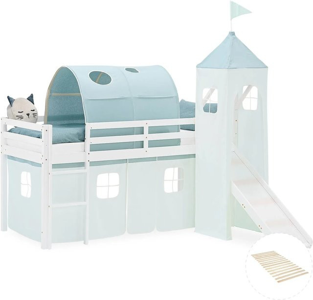 Homestyle4u Kinder Hochbett aus massivem Kiefernholz mit Rutsche und Treppe in Grün, B/T/H: 207,5 x 90 x 217,5 cm - Bild 1
