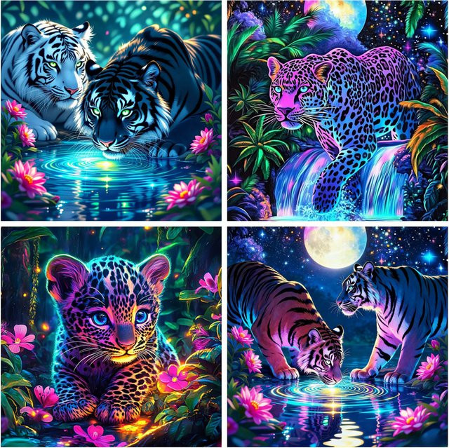 Evershine 4er Set DIY Diamond Painting Mosaik mit Leopard und Tiger Motiven, runde Acryl Steine, Mehrfarbig, B/H: 20 x 20 cm - Bild 1