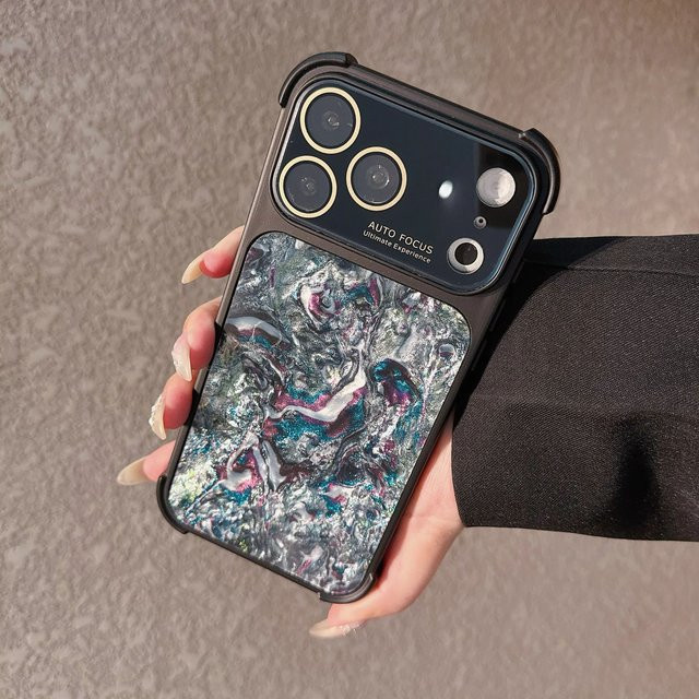 Apple iPhone 17 16 15 14 Pro Max Handyhülle mit Linsenschutz in Glitzer-Laser-Marmor-Muster, stoßfeste Candy-Hülle, lila/mehrfarbig - Bild 1