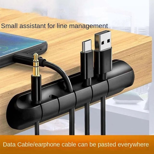 Selbstklebender Kabelmanager aus Silikon in Schwarz als Desktop-Organizer mit Fixierhalterung für Mauskabel, Headset und Handy-Datenkabel - Bild 1