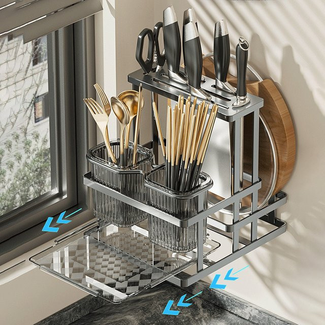 Wandmontiertes Küchen Messer Rack aus Edelstahl als Besteck Organizer und Halter für Schneidebretter und Topfdeckel in Silber oder Schwarz - Bild 1