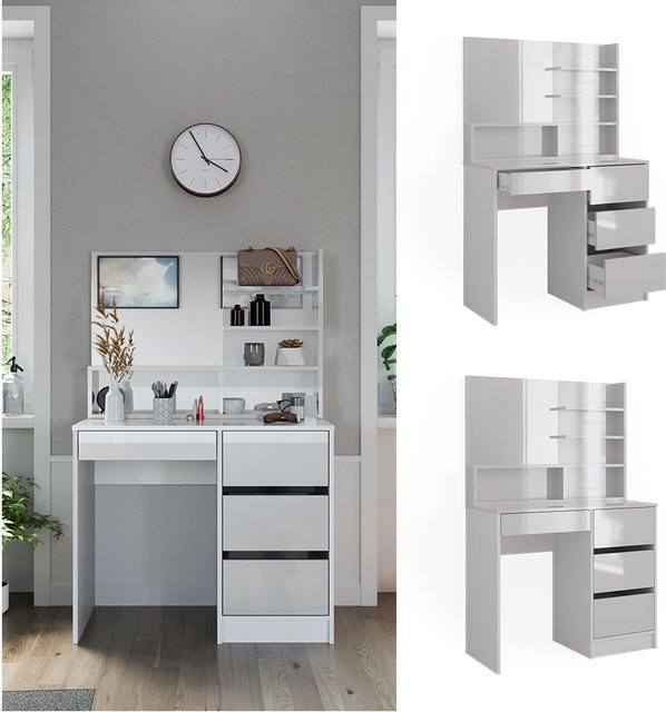 Vicco Schminktisch Sherry Weiß Hochglanz mit Spiegel und Regal B: 90 cm, H: 75 cm, T: 40 cm - Bild 1