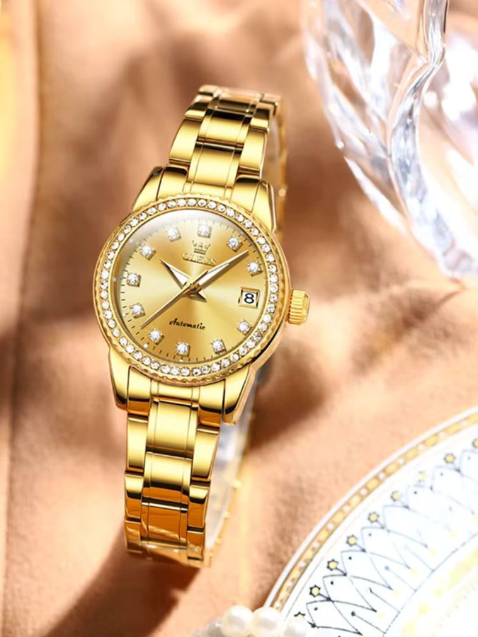 OLEVS Armbanduhr Automatik, Edelstahl, Gold, Diamantbesetzt, Damen - Bild 6