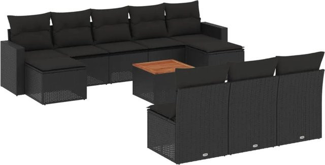 vidaXL 11-tlg. Garten-Sofagarnitur in U-Form aus Polyrattan und Akazienholz mit Kissen in Schwarz - Bild 1