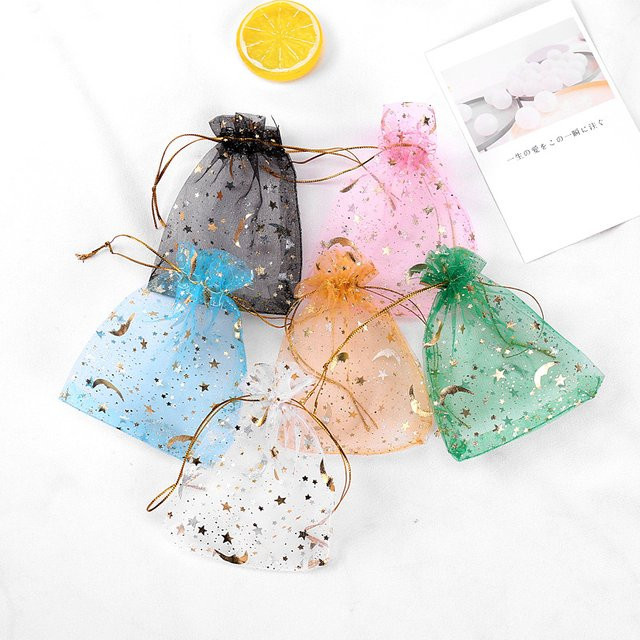 50 Organza Beutel mit Mond und Sternen Motiv für Geschenke und Schmuck, B: 7 cm, H: 9 cm, Mehrfarbig - Bild 1